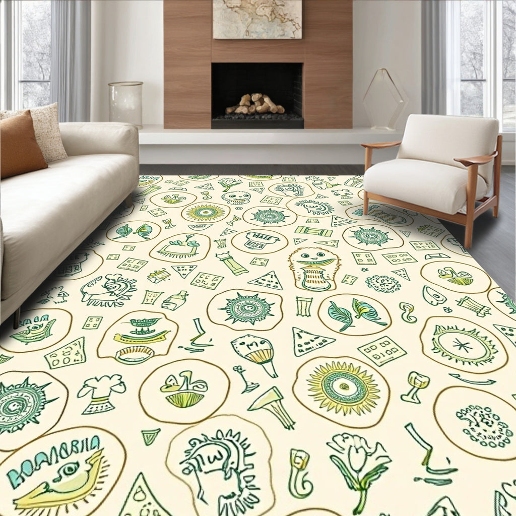 Whimsical Doodle Creatures Yellow Green Rug