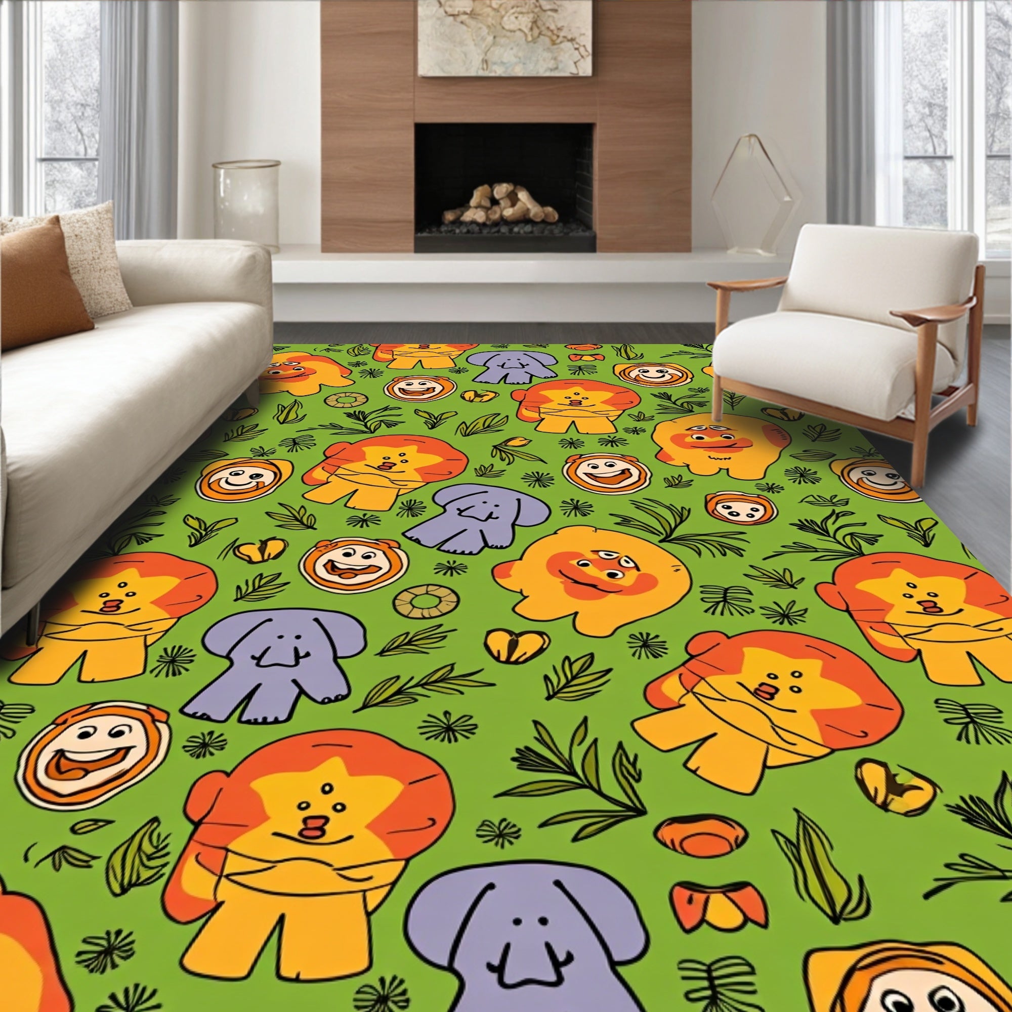 Playful Lion And Elephant Safari Whimsy Rug