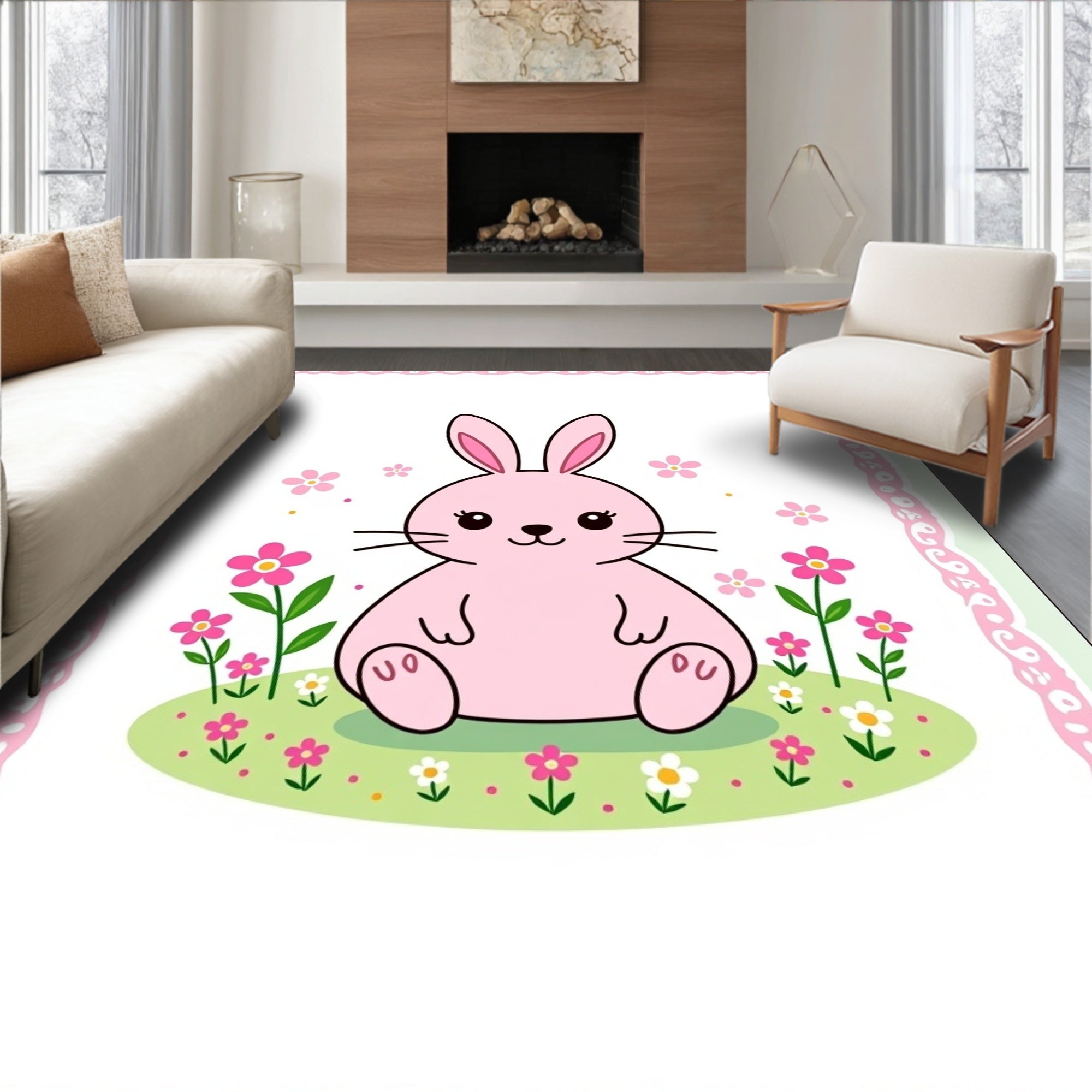 Pink Bunny With Flowers On Grass Rug