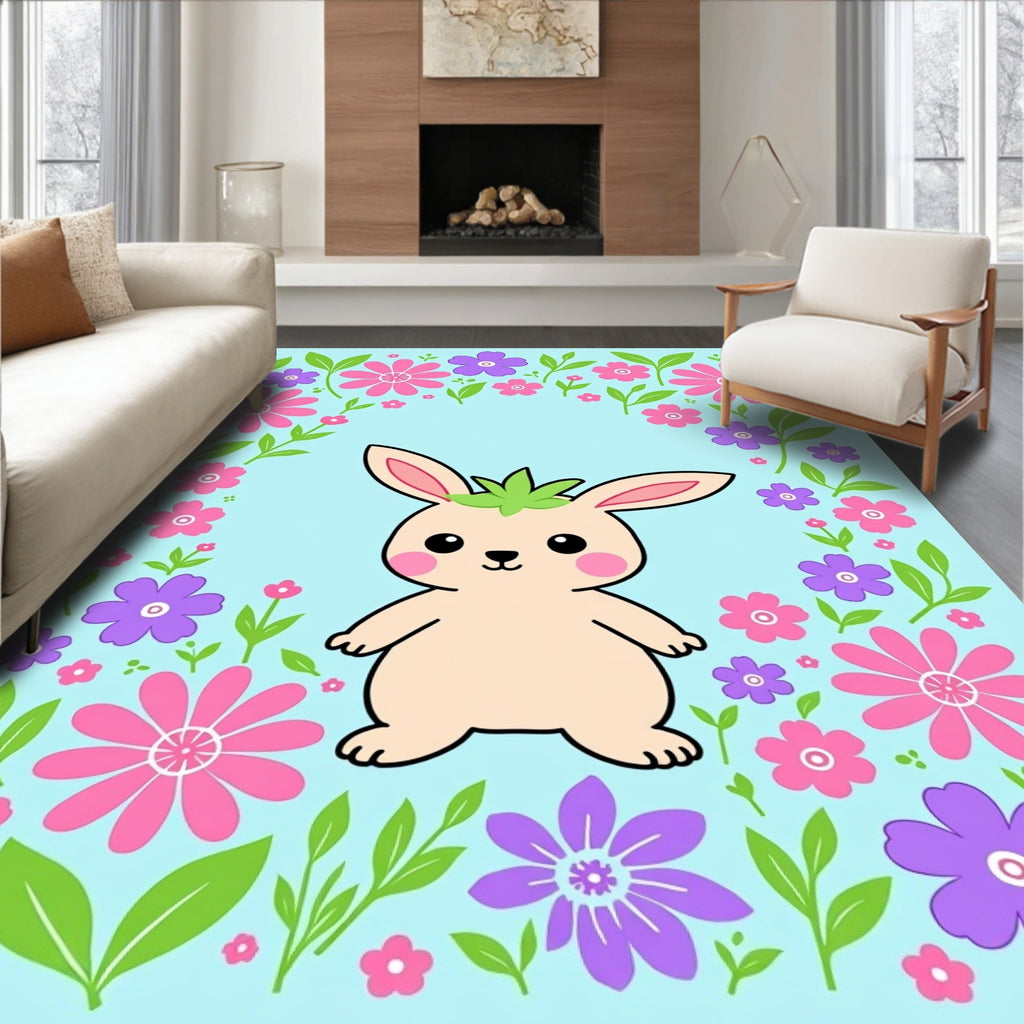 Cute Bunny Surrounded By Spring Flowers Rug