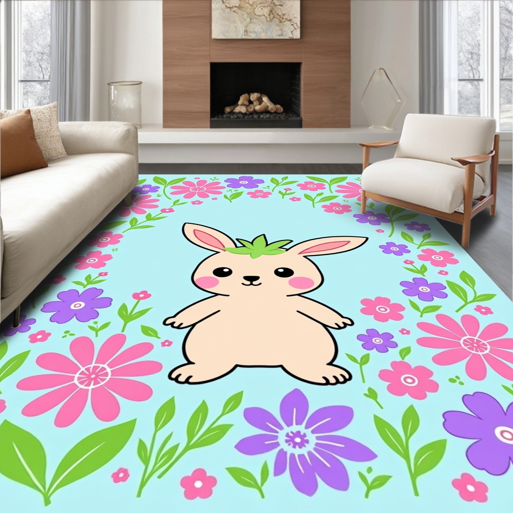 Cute Bunny Surrounded By Spring Flowers Rug