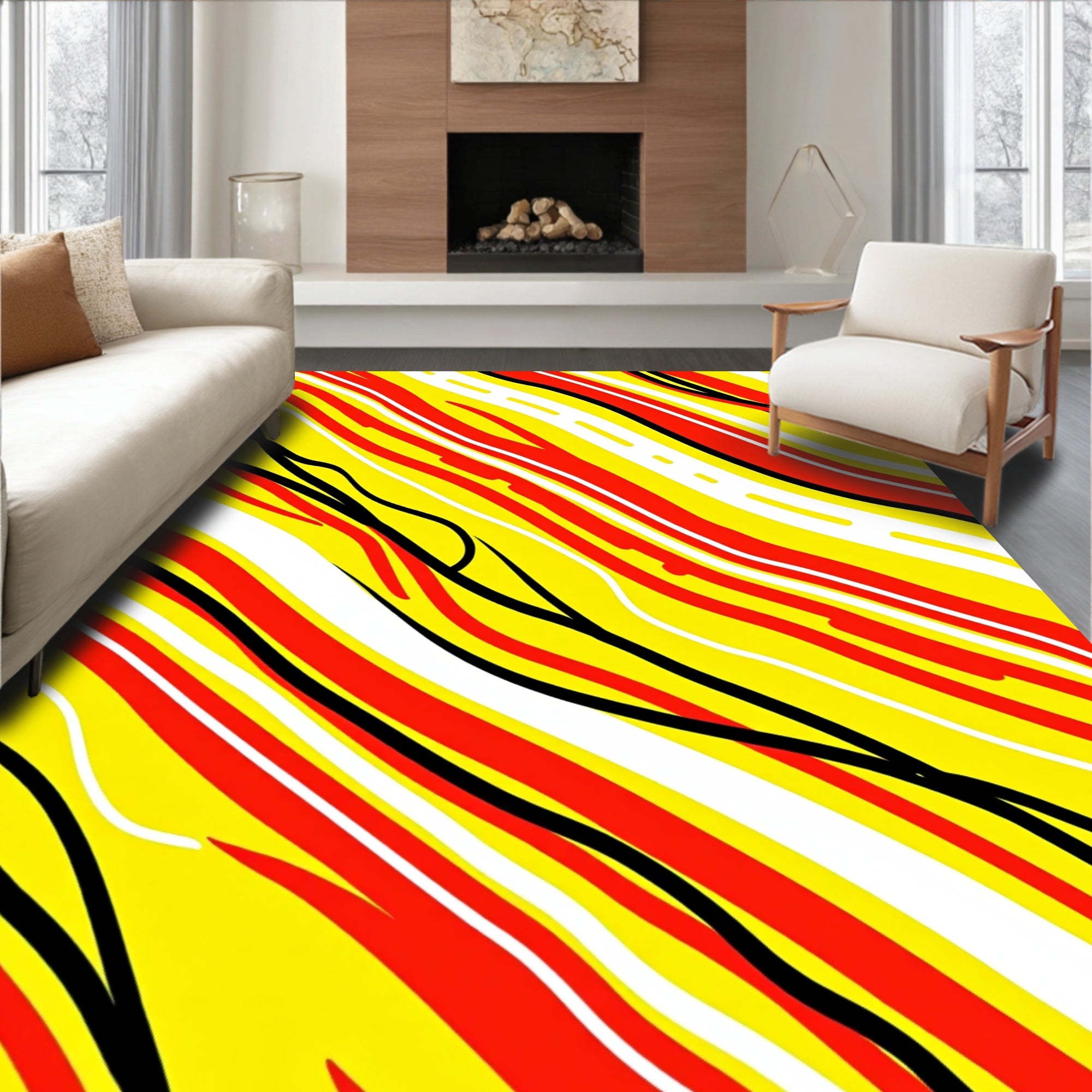 Vibrant Red Yellow Wave Stripe Rug