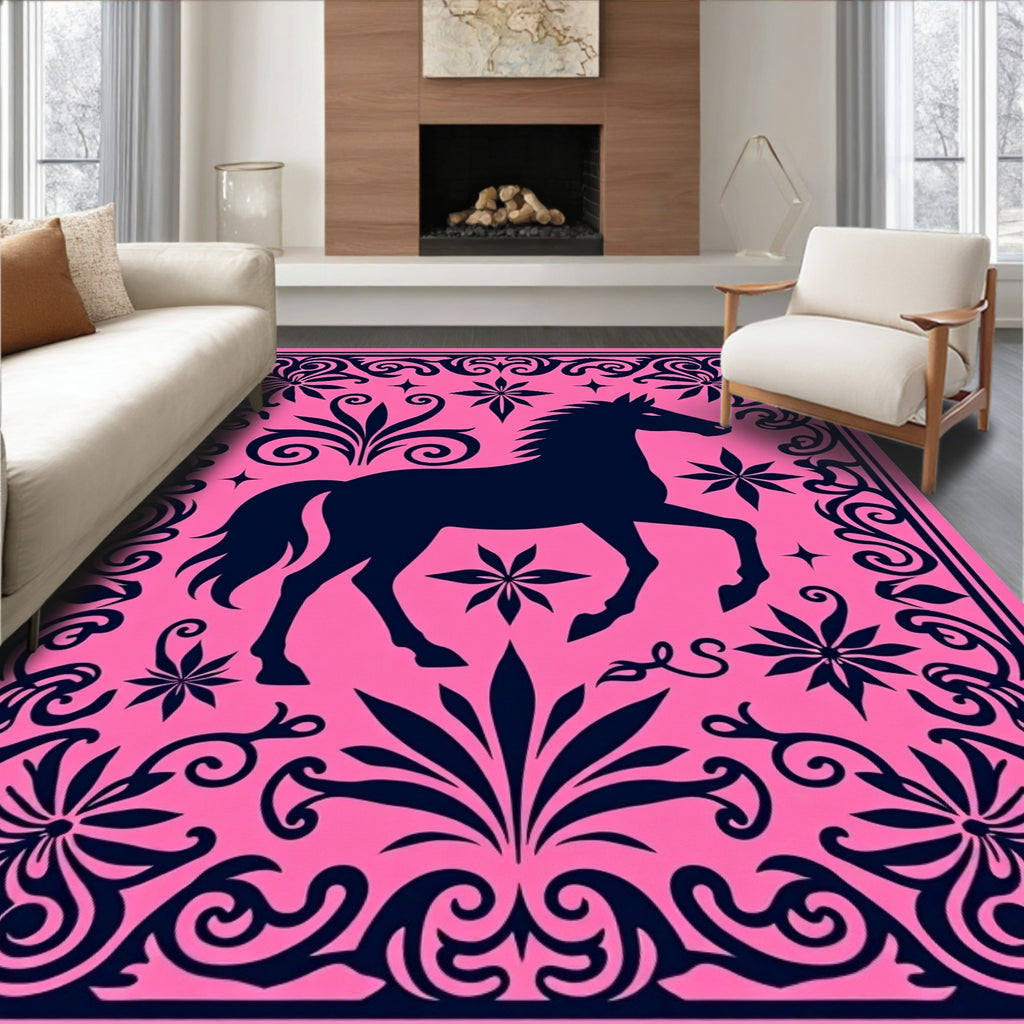 Hot Pink Navy Horse Floral Border Rug
