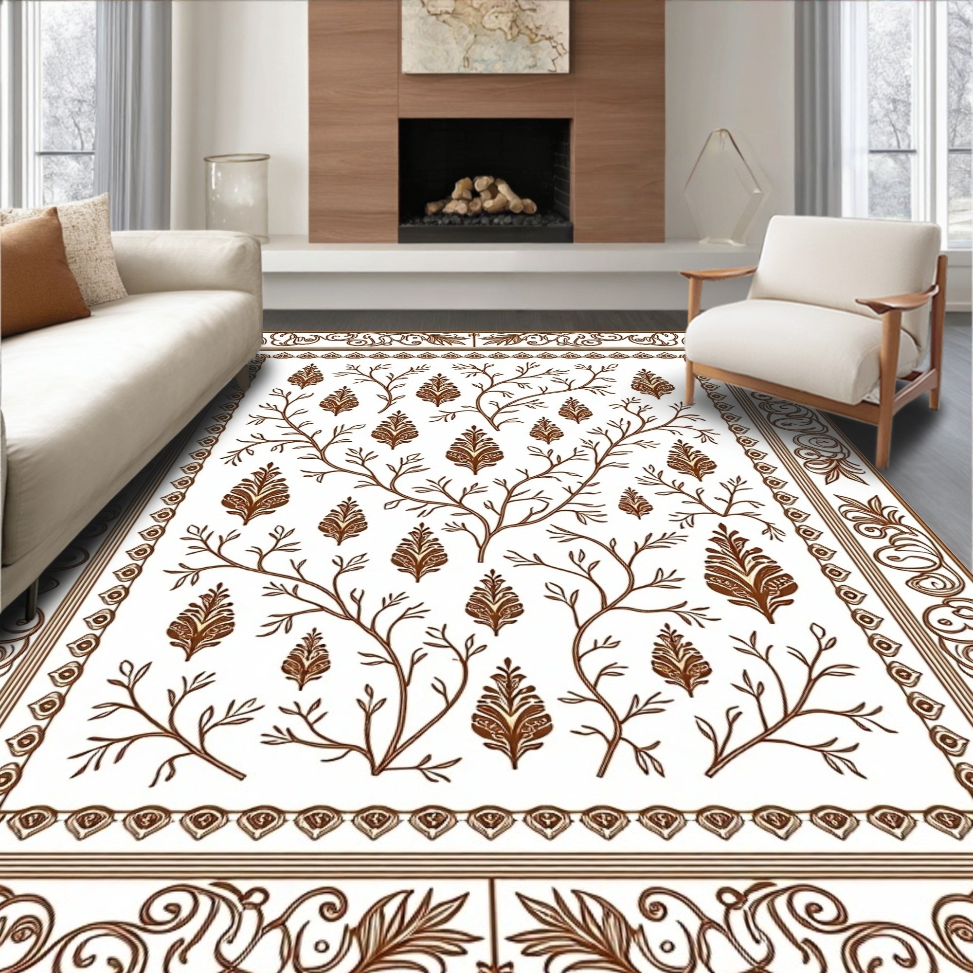 Brown Botanical Branch Medallion Rug