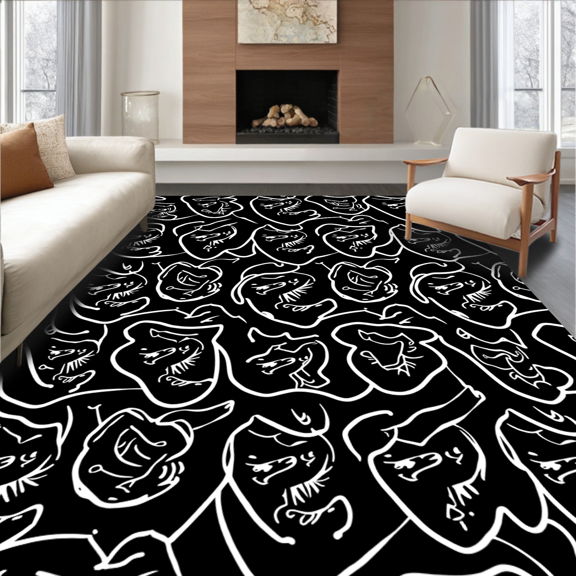 Abstract Face Line Art Black Rug