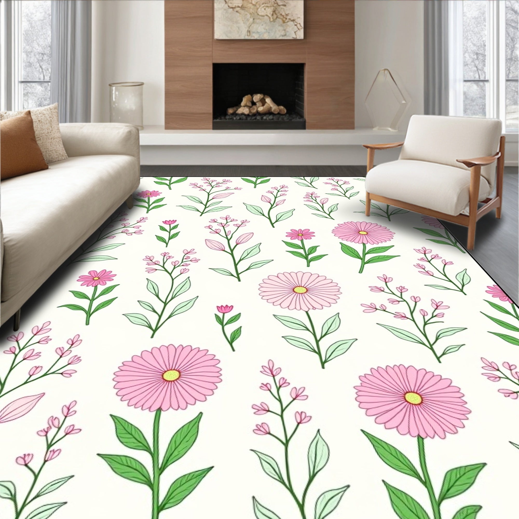 Pink Daisy Floral Branch Whimsical Rug