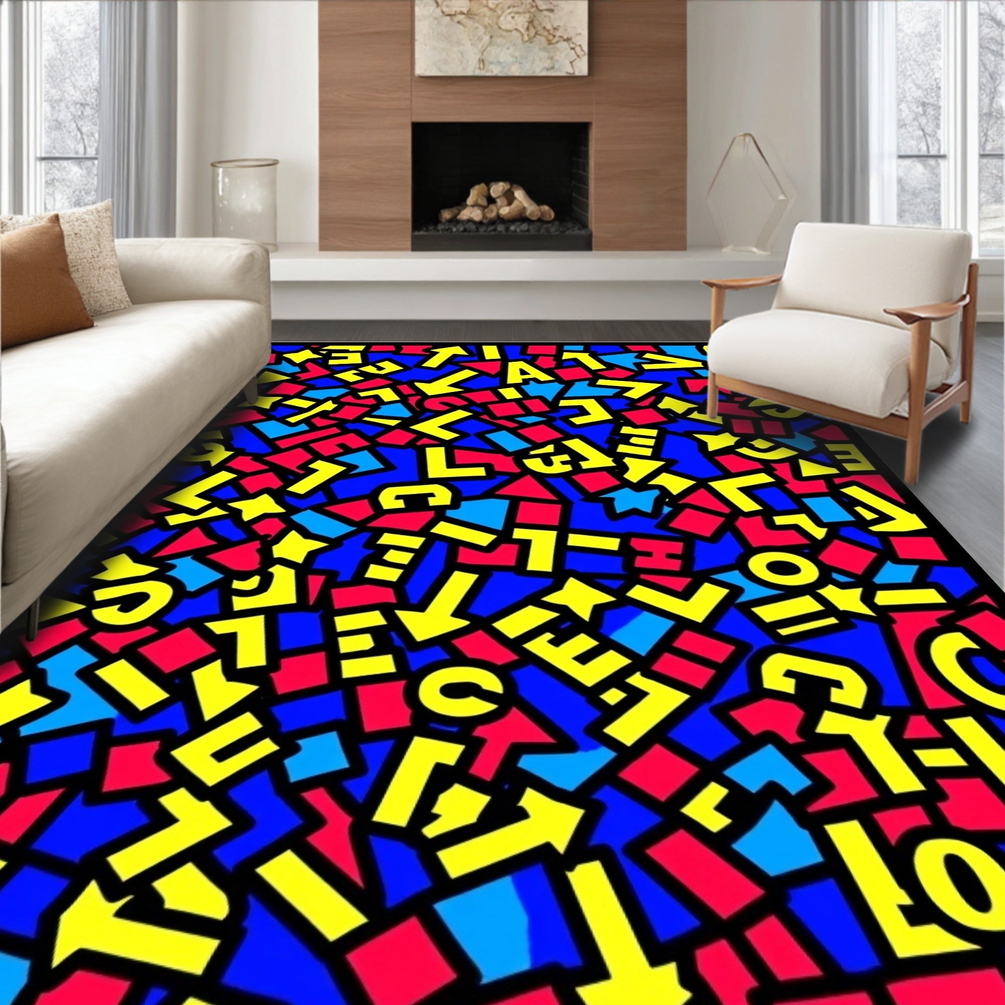 Bold Primary Color Geometric Alphabet Rug