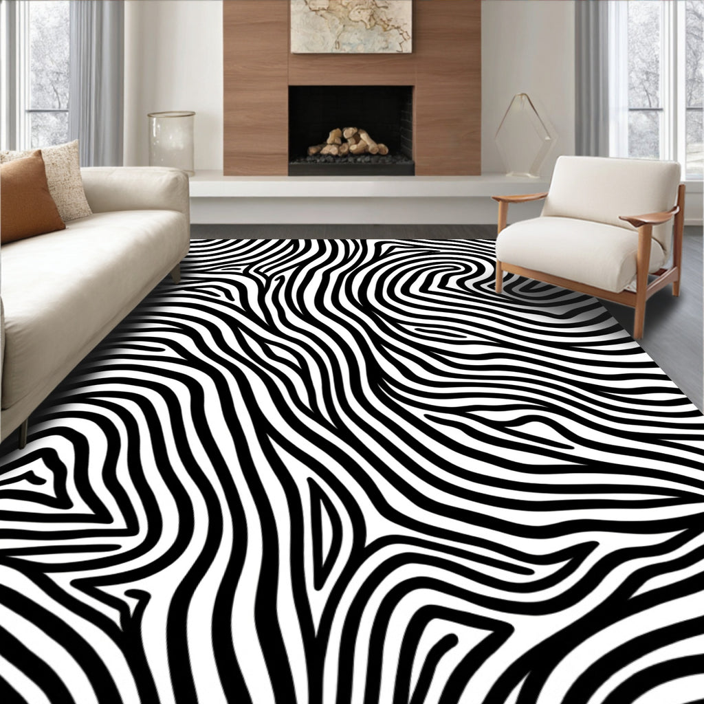 Abstract Wavy Black White Lines Rug