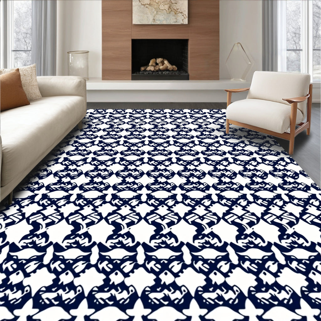 Navy Blue Ornate Lattice Rug