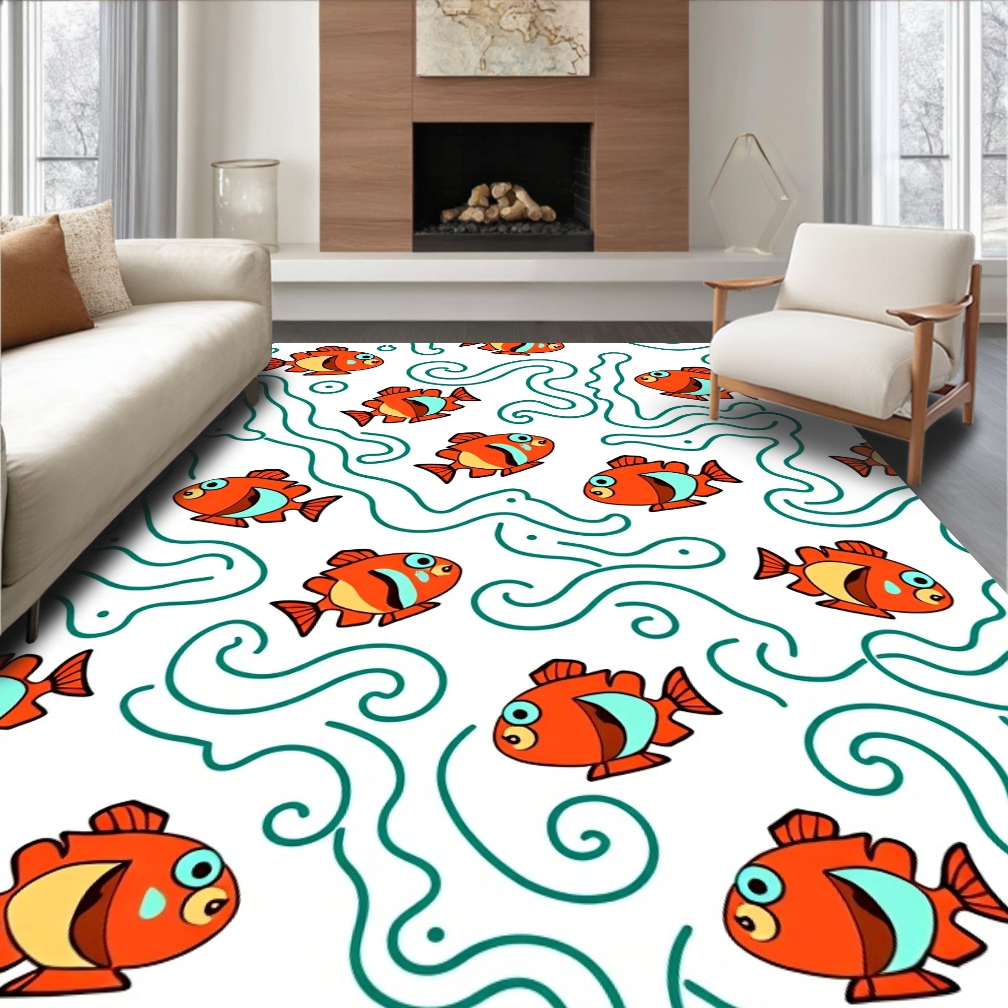 Orange Fish In Teal Swirls Rug