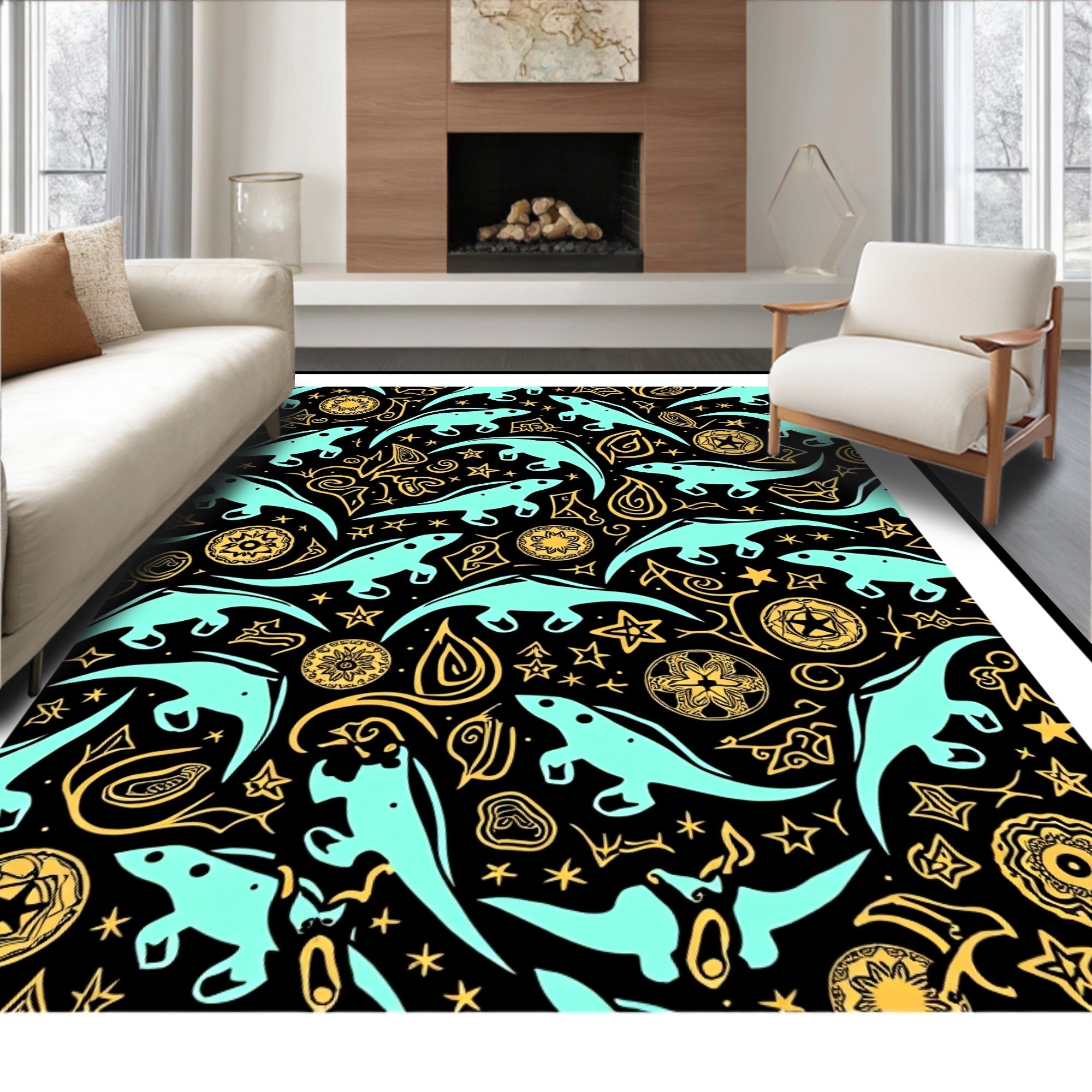 Teal Dinosaur Whimsical Yellow Ornate Rug