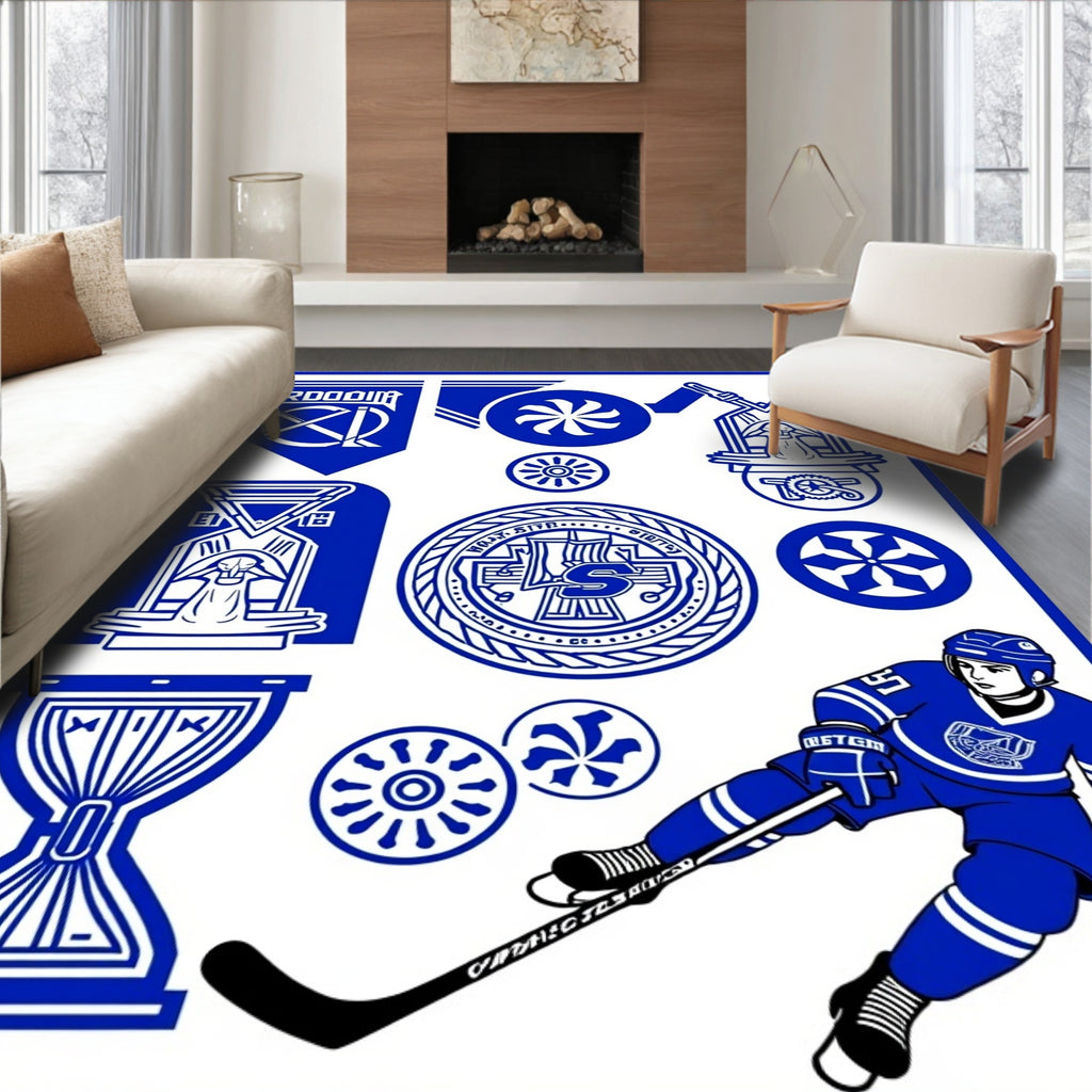 Bold Royal Blue Hockey Emblem Collection Rug