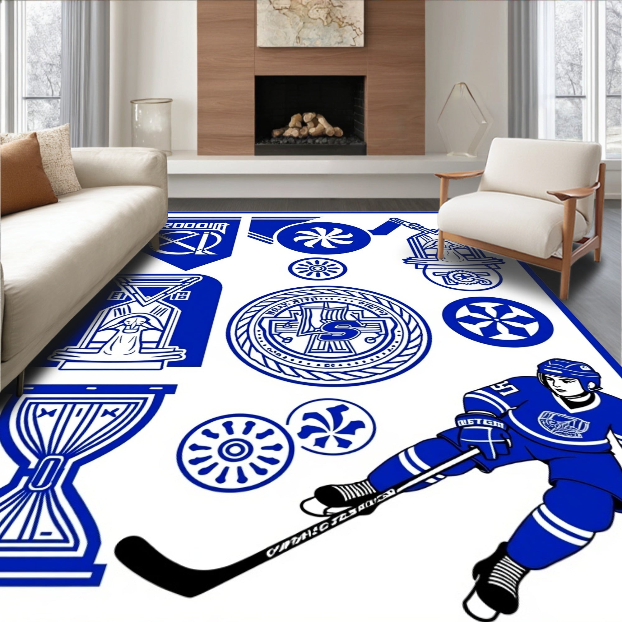 Bold Royal Blue Hockey Emblem Collection Rug