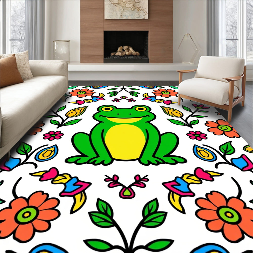 Whimsical Green Frog Floral Folk Art Rug