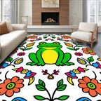 Whimsical Green Frog Floral Folk Art Rug
