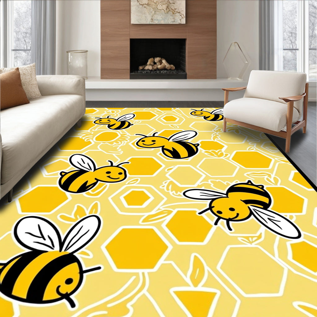 Happy Yellow Bee Honeycomb Collage Rug