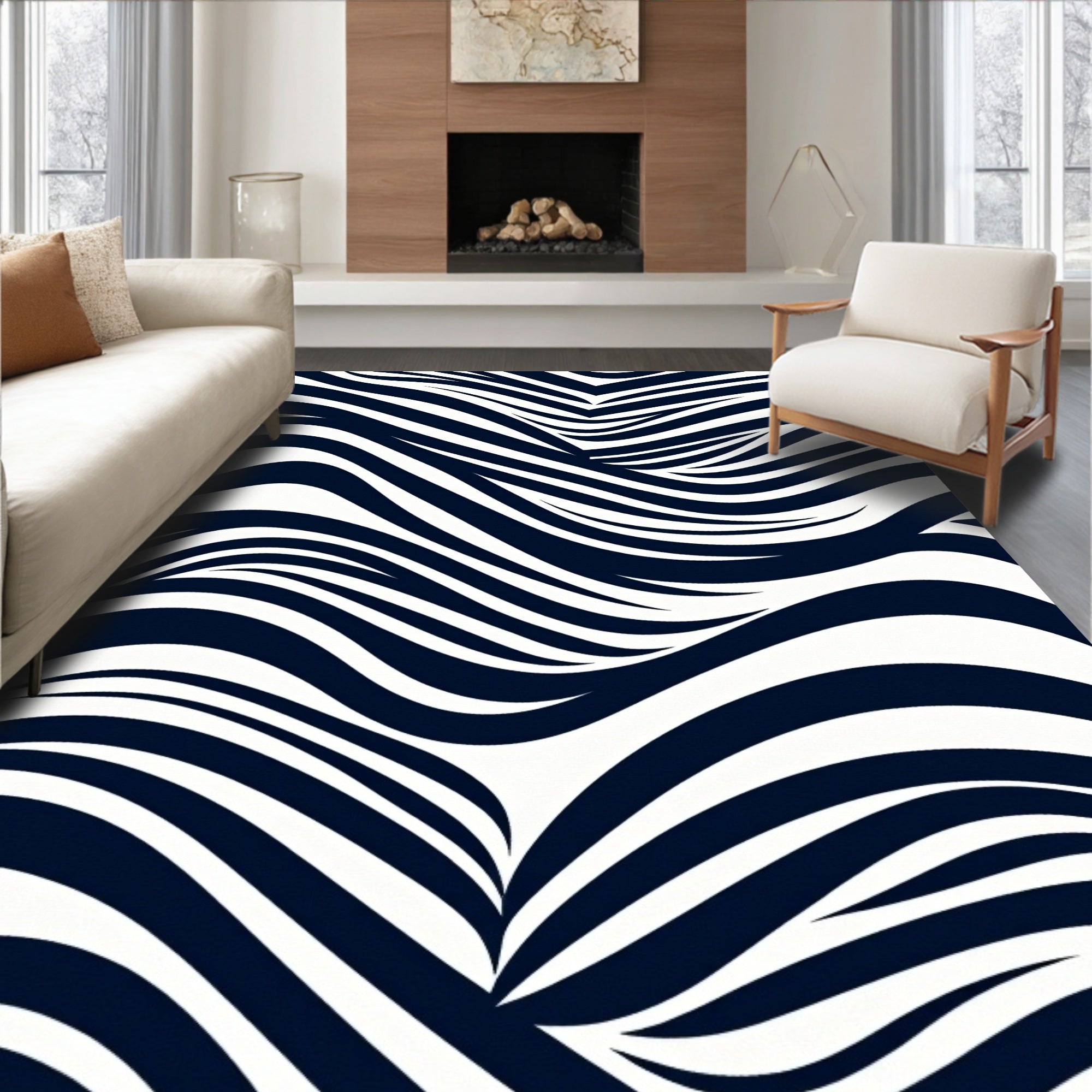 Navy White Wavy Stripe Abstract Rug