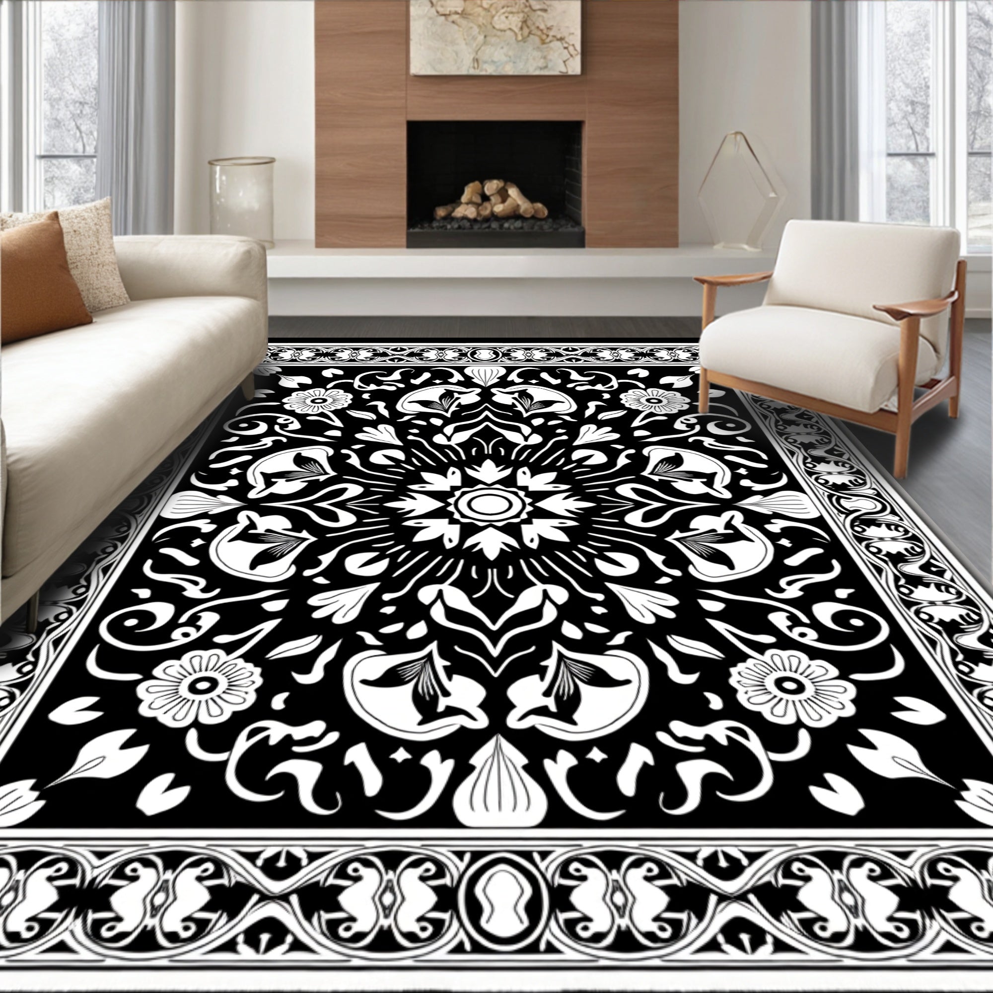 Noir White Botanical Border Garland Rug
