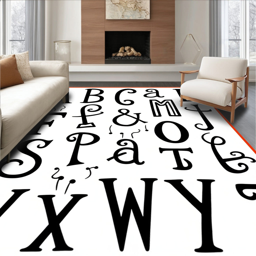 Black White Alphabet Collage Whimsy Rug