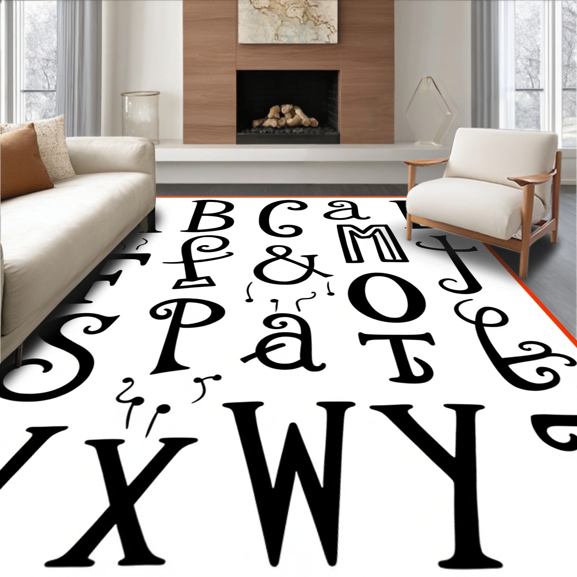 Black White Alphabet Collage Whimsy Rug