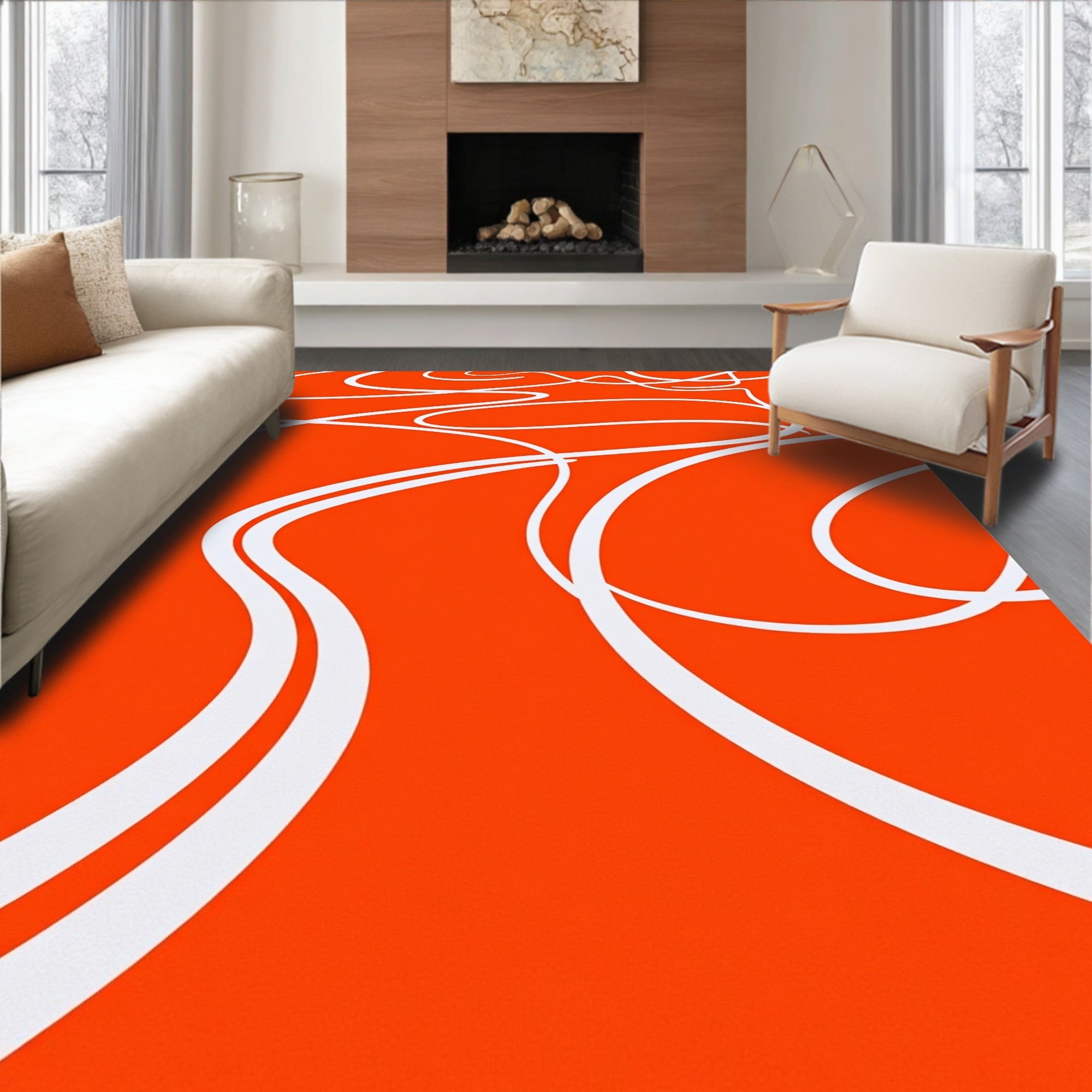 Vibrant Orange Fluid Swirl Rug