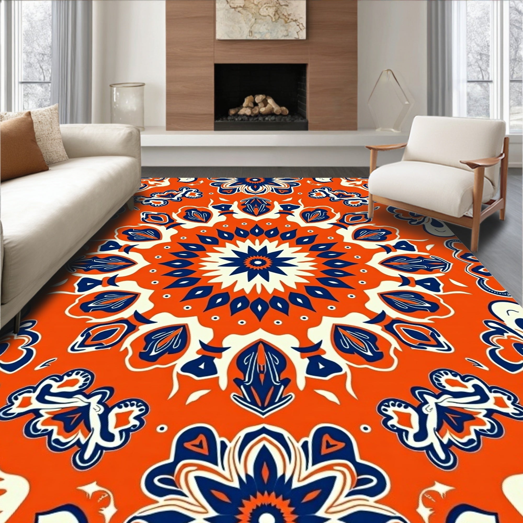 Vibrant Orange Navy Floral Medallion Rug