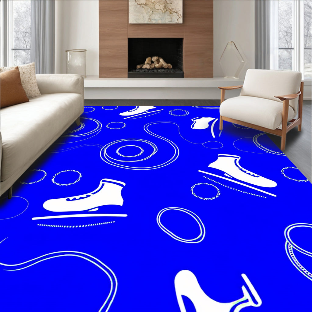 White Ice Skates Royal Blue Swirls Rug