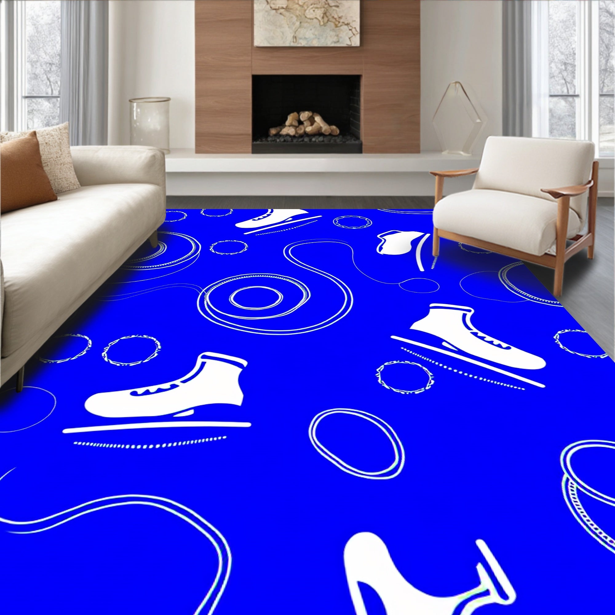 White Ice Skates Royal Blue Swirls Rug