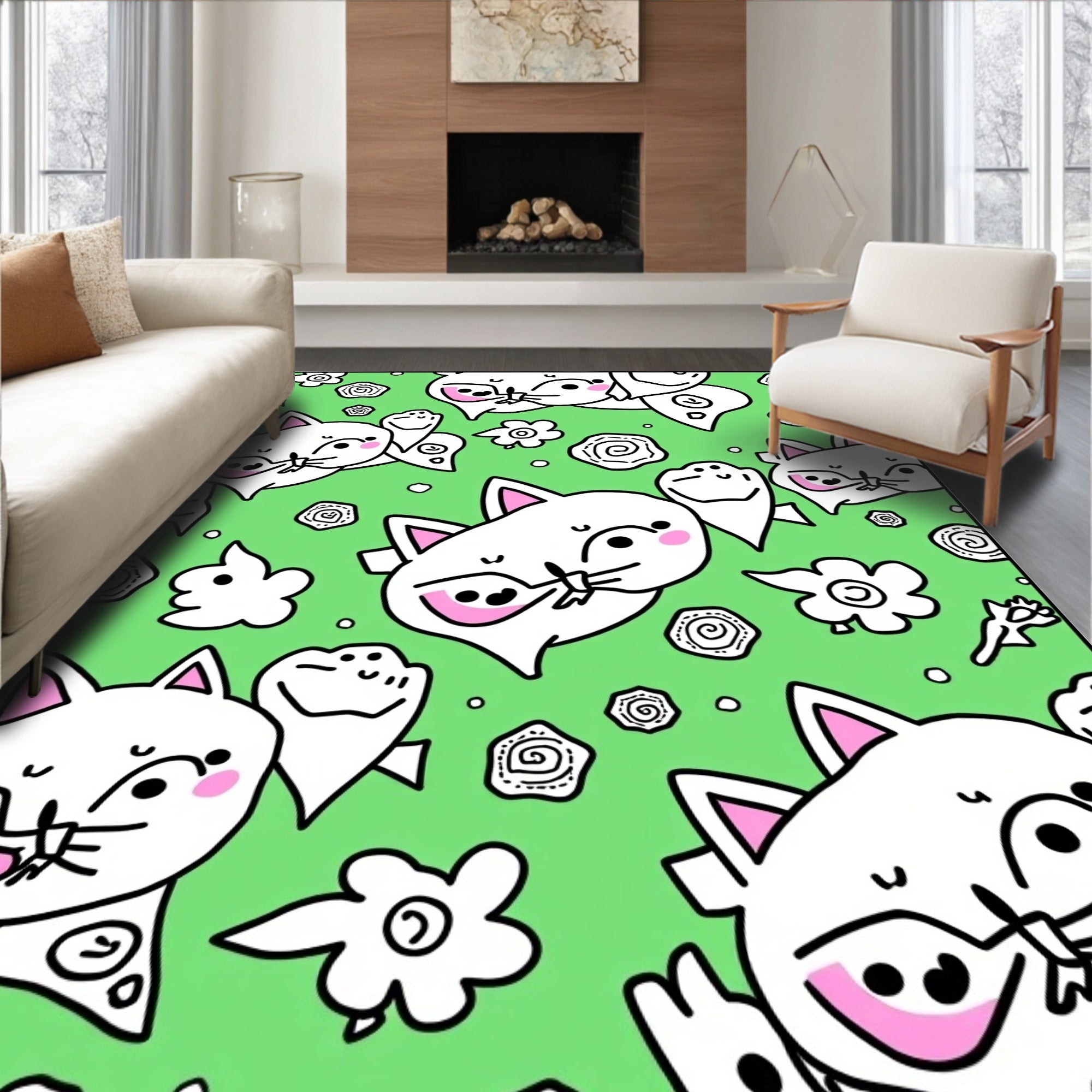 Whimsical White Cats Pink Accents Green Rug
