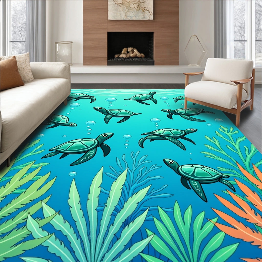 Aqua Turtles Coral Underwater Scene Rug