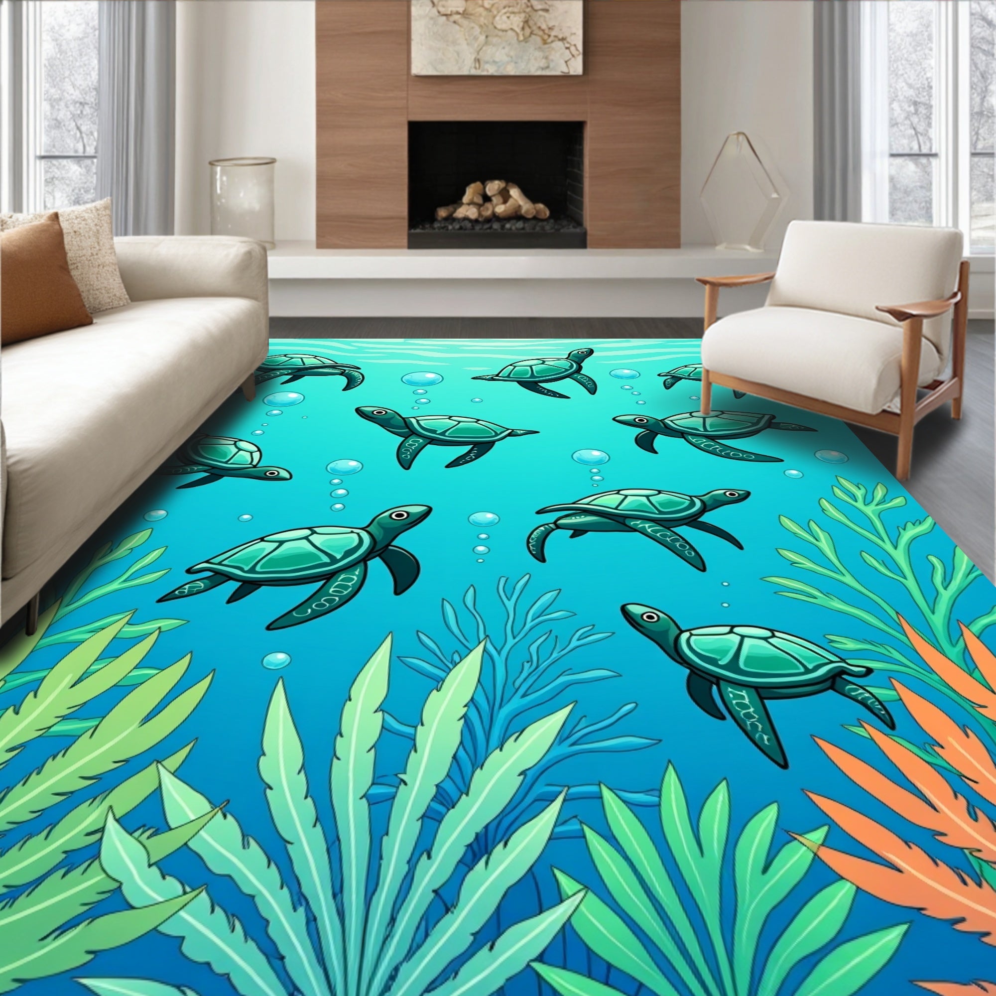 Aqua Turtles Coral Underwater Scene Rug