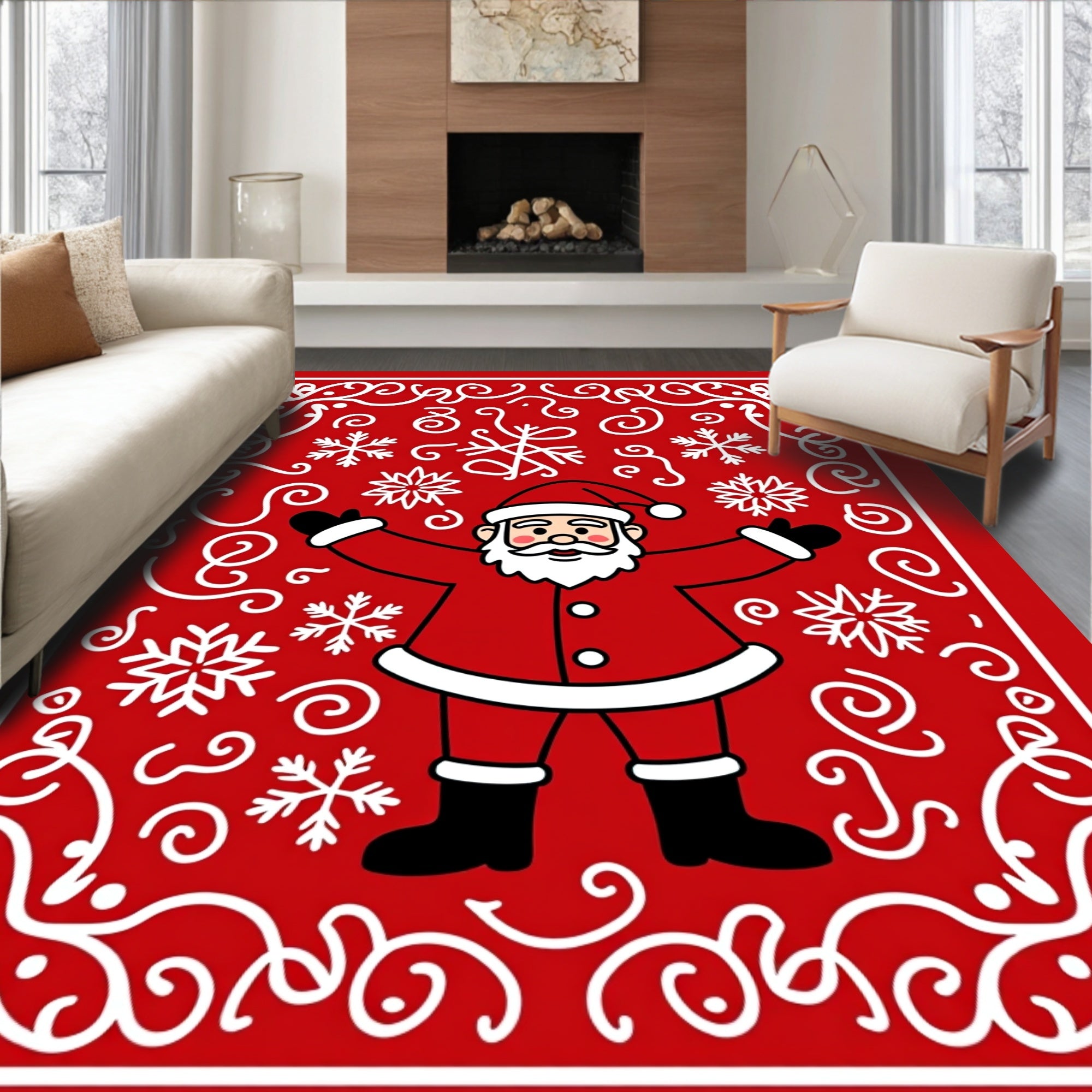 Festive Red Santa Snowflake Swirls Rug