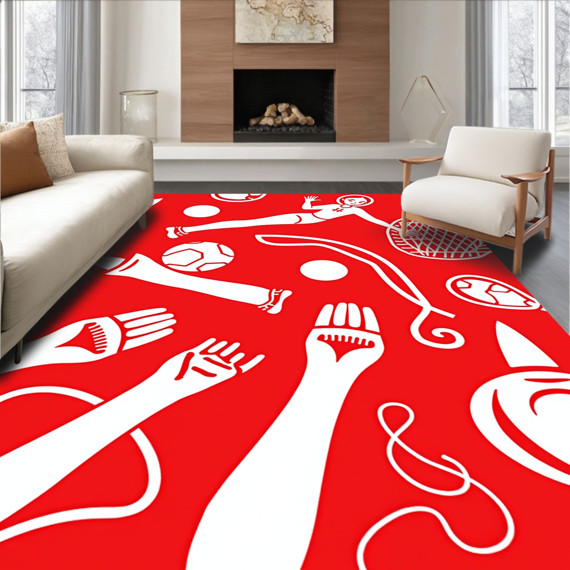 Red White Playful Sports Collage Rug