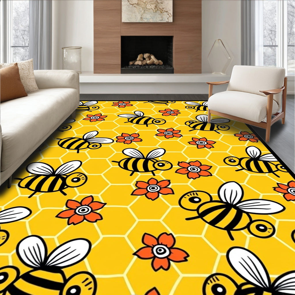 Whimsical Yellow Bee Floral Honeycomb Rug