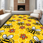 Whimsical Yellow Bee Floral Honeycomb Rug
