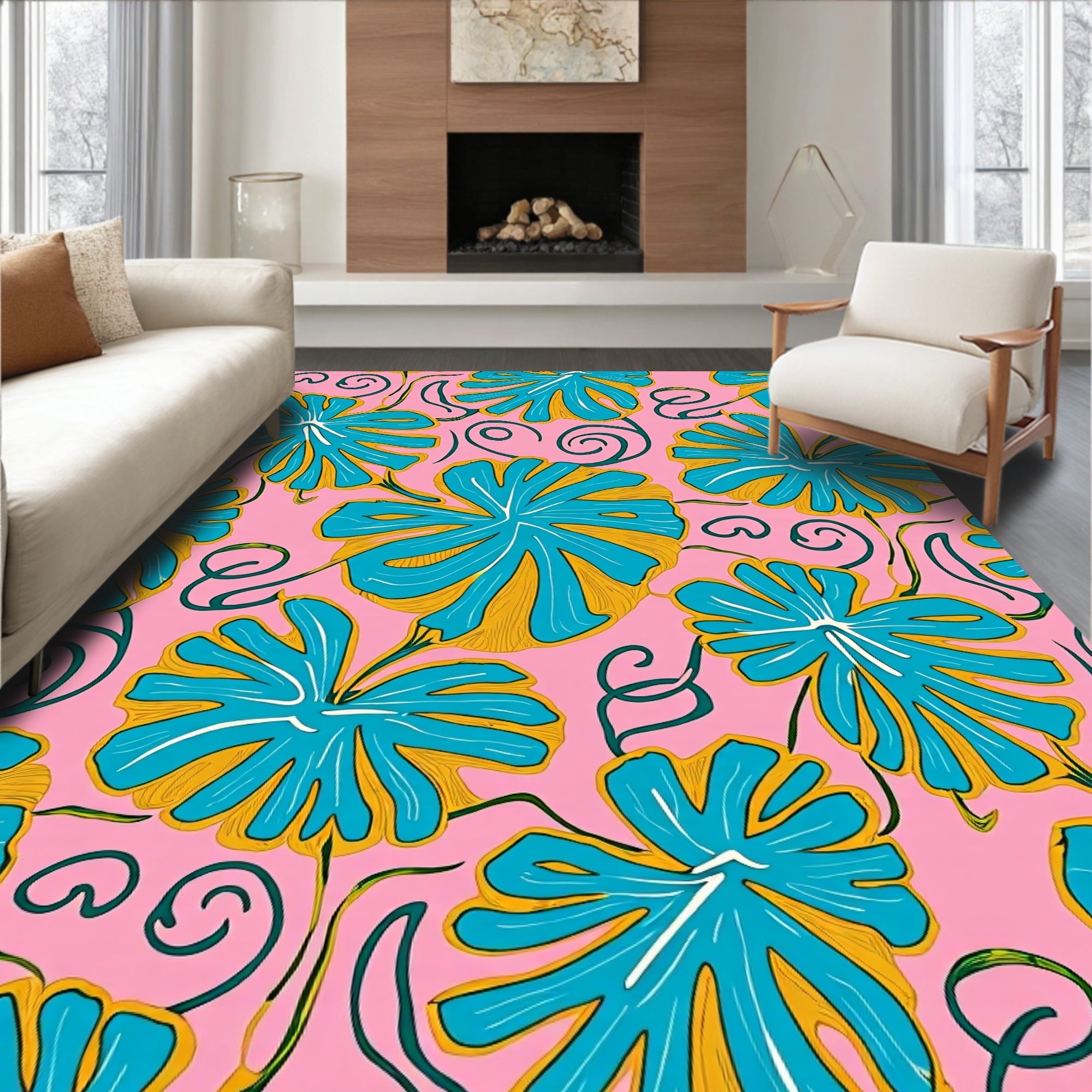 Tropical Pink Teal Leaf Swirl Rug