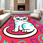 Playful White Cat Coral Swirls Rug