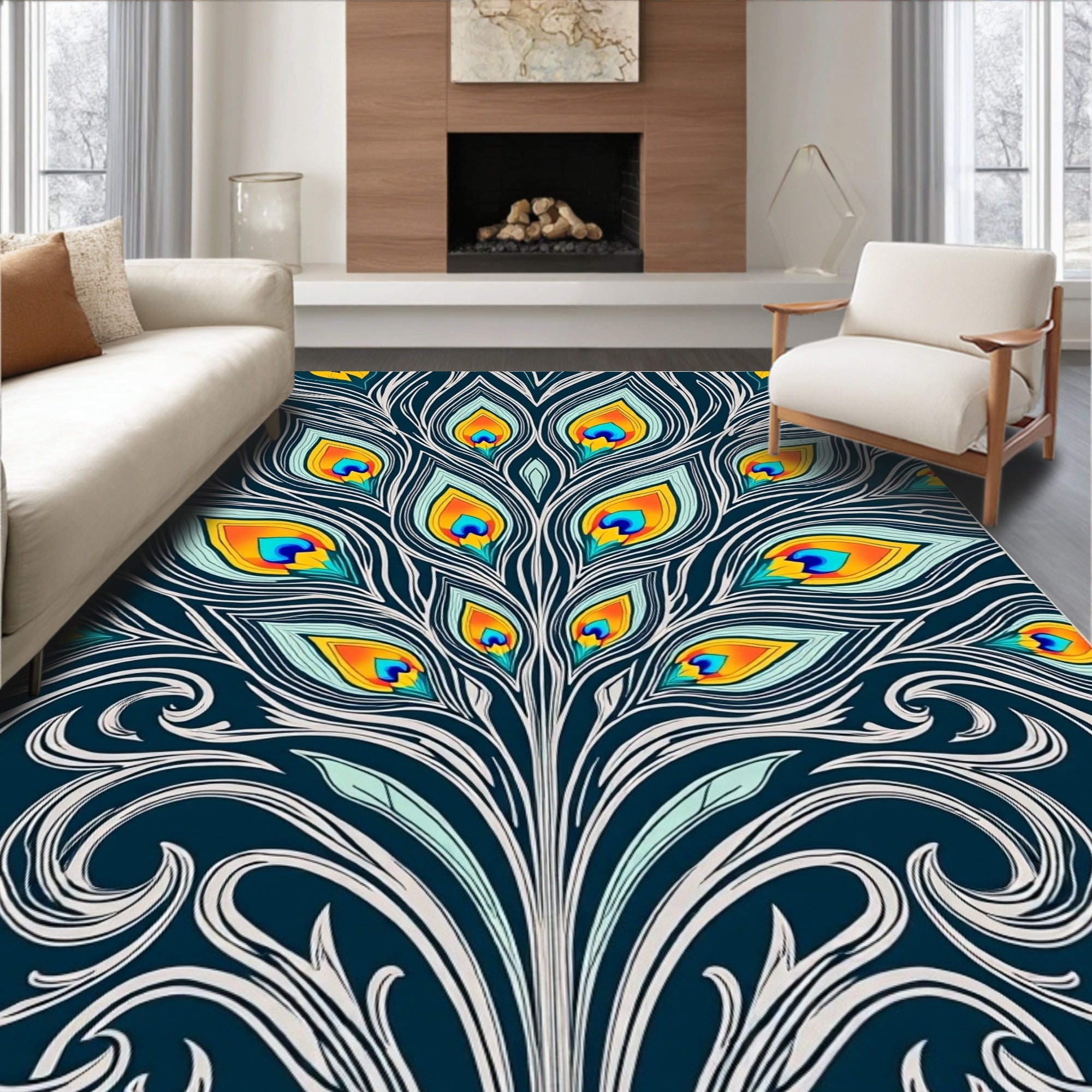Vivid Teal Orange Peacock Feather Flourish Rug
