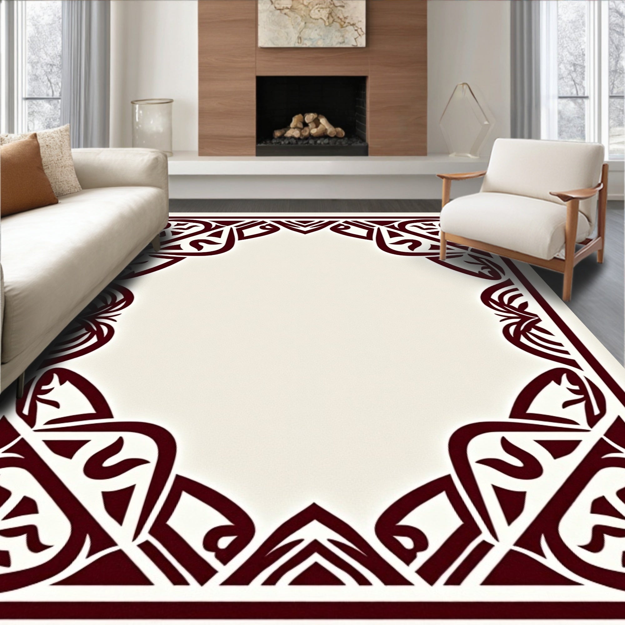 Deep Red Interlocking Geometric Frame Rug