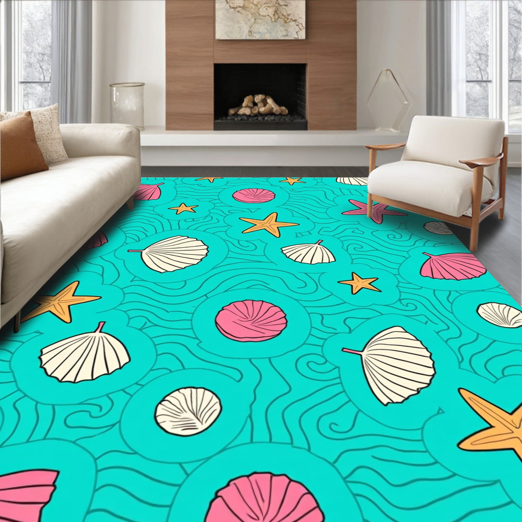 Coral Pink Scallop Starfish Waves Rug