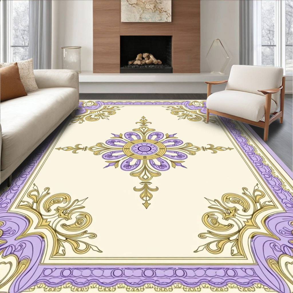 Lavender Gold Floral Frame Medallion Rug
