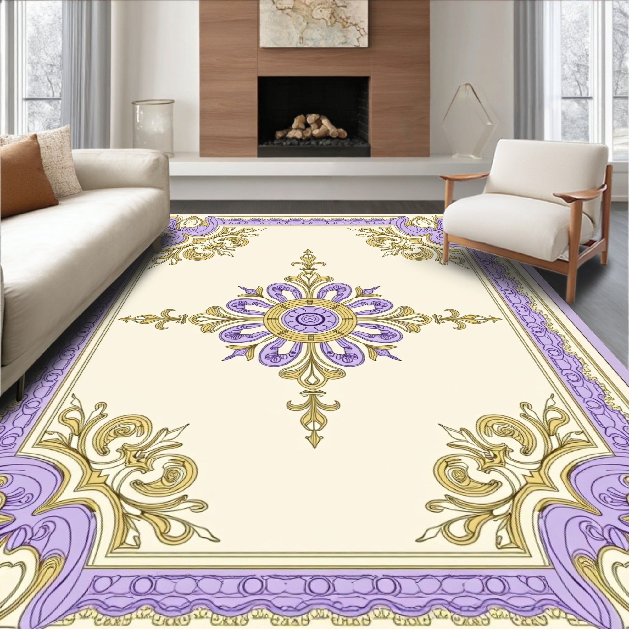 Lavender Gold Floral Frame Medallion Rug