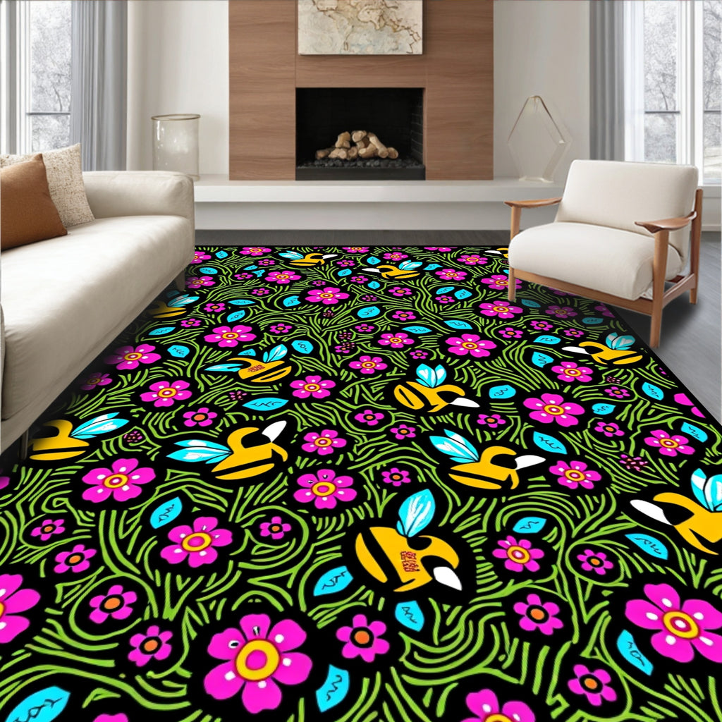 Playful Yellow Bee Pink Flower Garden Rug