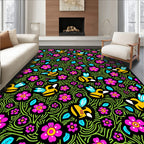 Playful Yellow Bee Pink Flower Garden Rug