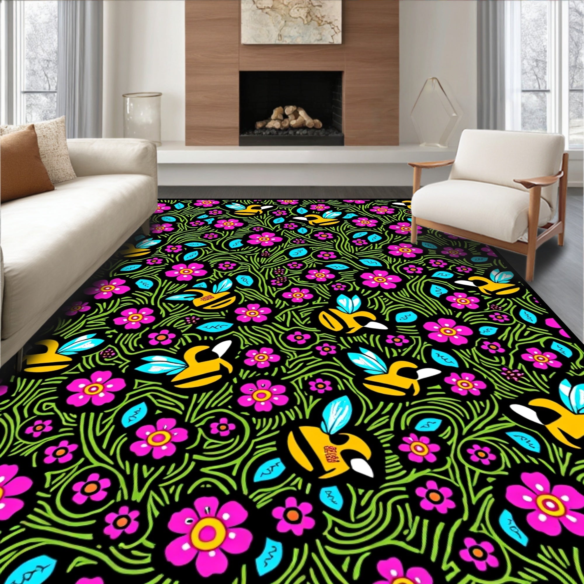 Playful Yellow Bee Pink Flower Garden Rug