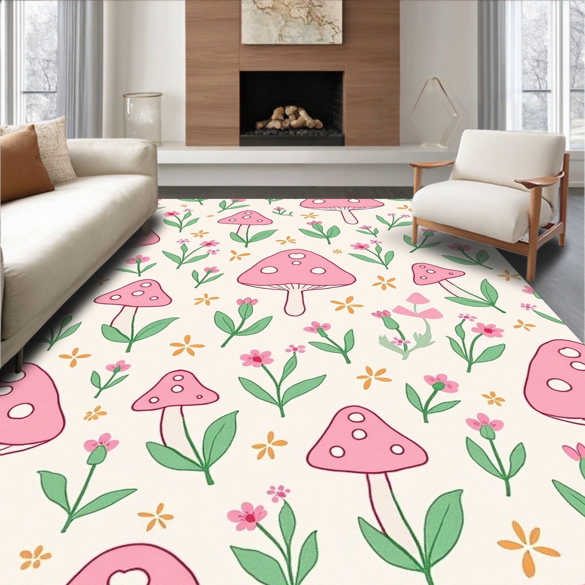 Pink Mushroom Floral Garden Rug