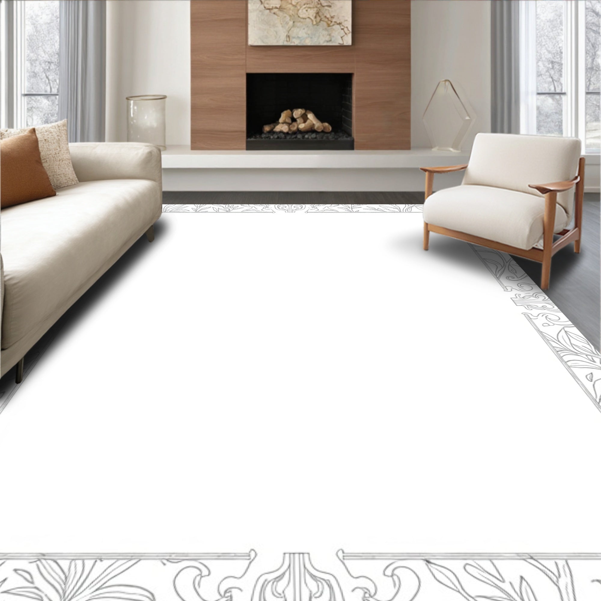 Silver Leaf Scroll Vintage Border Rug