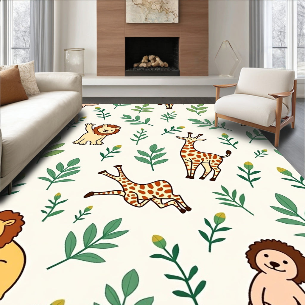 Whimsical Safari Animals with Green Leaves Rug