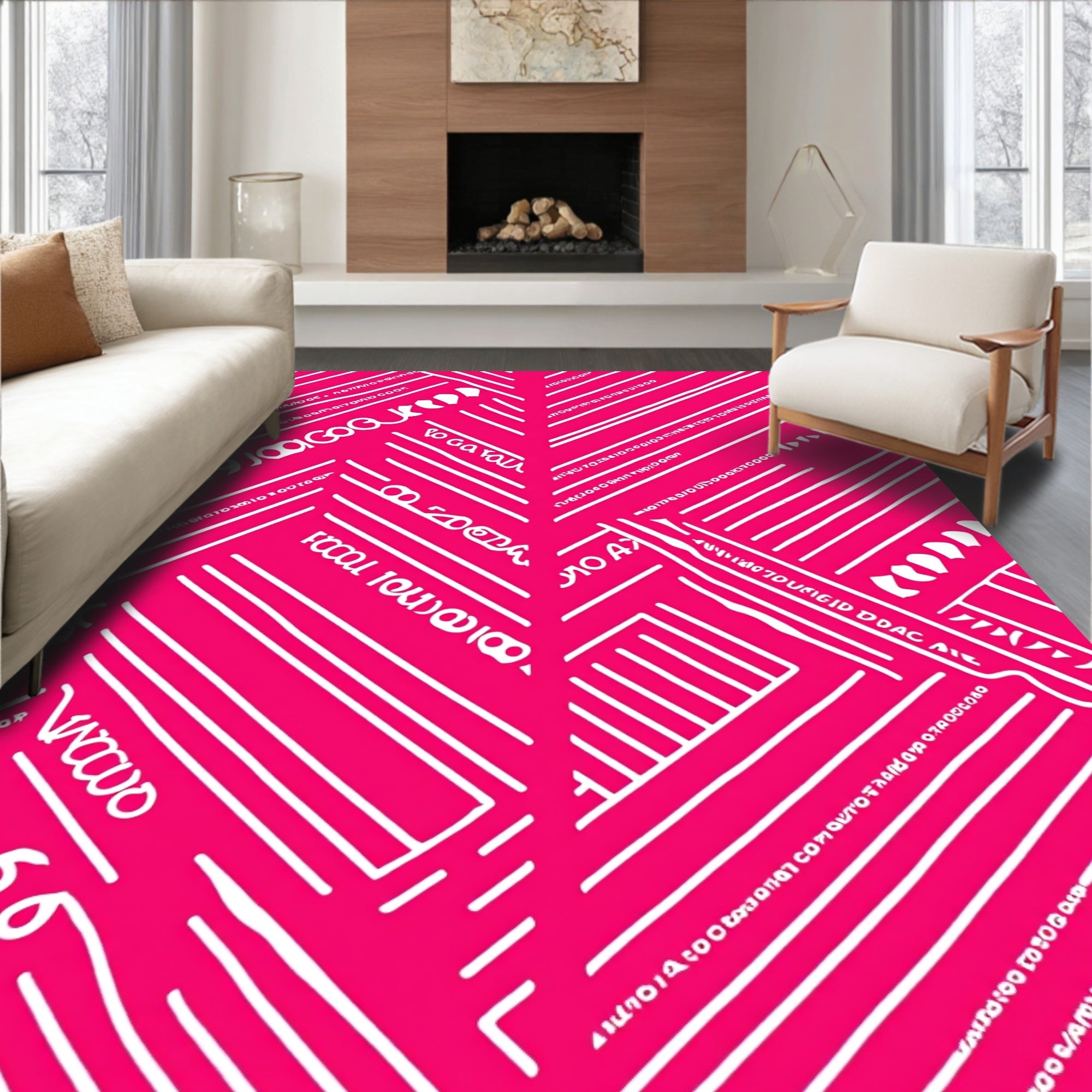 Hot Pink White Geometric Blocks Rug