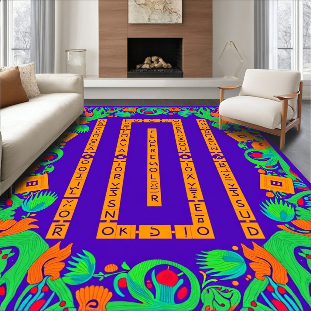 Vibrant Green Orange Purple Alphabet Border Rug